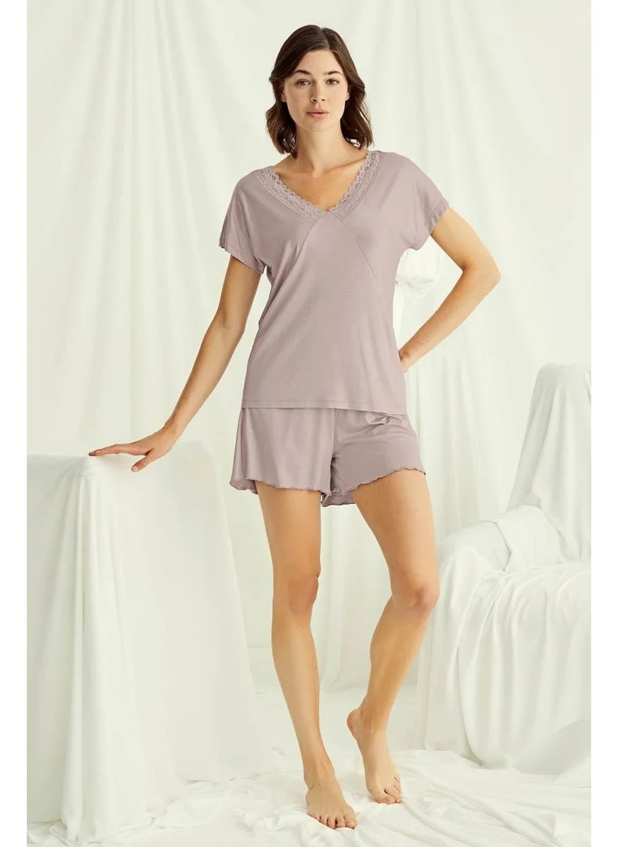 Monamise 18514 Women's V-Neck Short Sleeve Pajama Set with Shorts-Mink