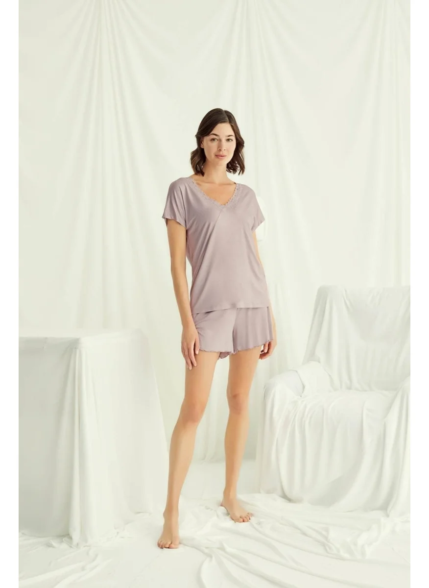 Monamise 18514 Women's V-Neck Short Sleeve Pajama Set with Shorts-Mink