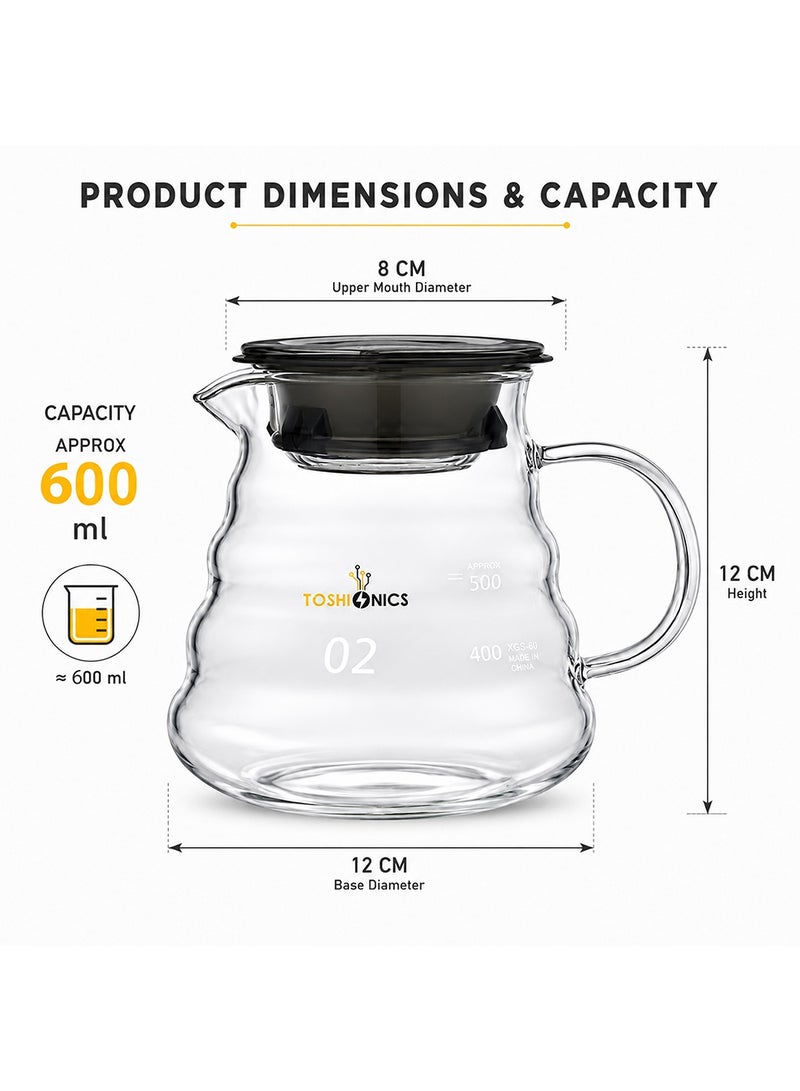 Toshionics V60 Range Server Glass White 600ml Heat Resistant Glass Range Coffee Server | Pour Over Coffee Tea Server | Pot Carafe Hand Drip Coffee Jug Decanter |Transparent | Kettle Coffee Maker Teapot Clear 600mlml - Image 4