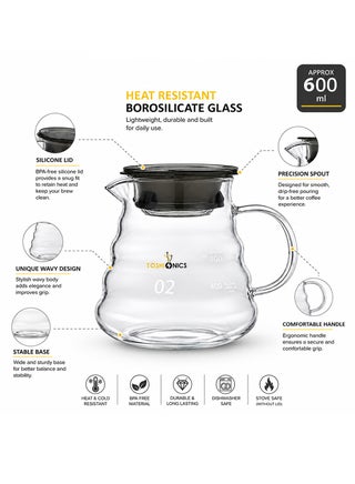V60 Range Server Glass White 600ml Heat Resistant Glass Range Coffee Server | Pour Over Coffee Tea Server | Pot Carafe Hand Drip Coffee Jug Decanter |Transparent | Kettle Coffee Maker Teapot Clear 600mlml - view 2