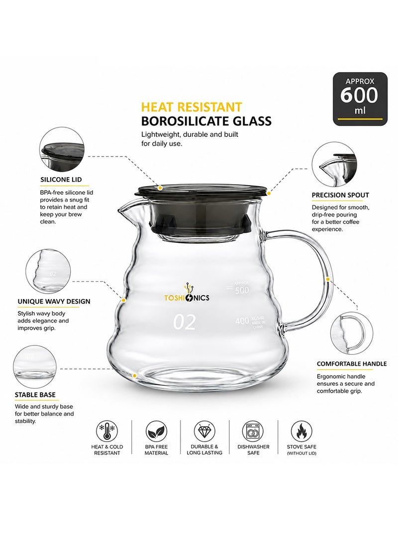 Toshionics V60 Range Server Glass White 600ml Heat Resistant Glass Range Coffee Server | Pour Over Coffee Tea Server | Pot Carafe Hand Drip Coffee Jug Decanter |Transparent | Kettle Coffee Maker Teapot Clear 600mlml - Image 2