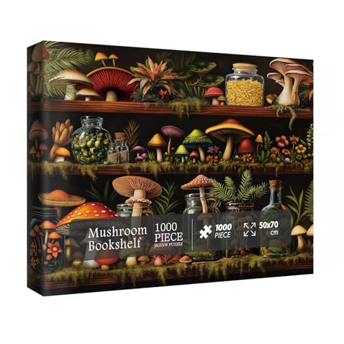 IdeaBazar Beautiful Mushroom Bookshelf Puzzles for Adults 1000 Pieces Nature Colorful Plant Bottle Art Jigsaw Puzzles Pretty Scenic Painting Fantasy Puzzle - Image 1