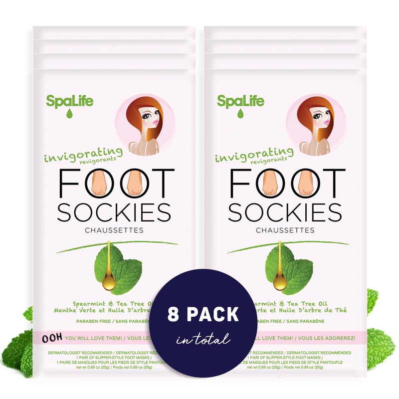 SpaLife Softening Care Foot Sockies 8Pack  Spearmint  Tea Tree Oil Exfoliating Pack for Healthy Feet Intensive Repair Callus Remover Sockies Dry Skin Solution Moisturizing Foot Treatment