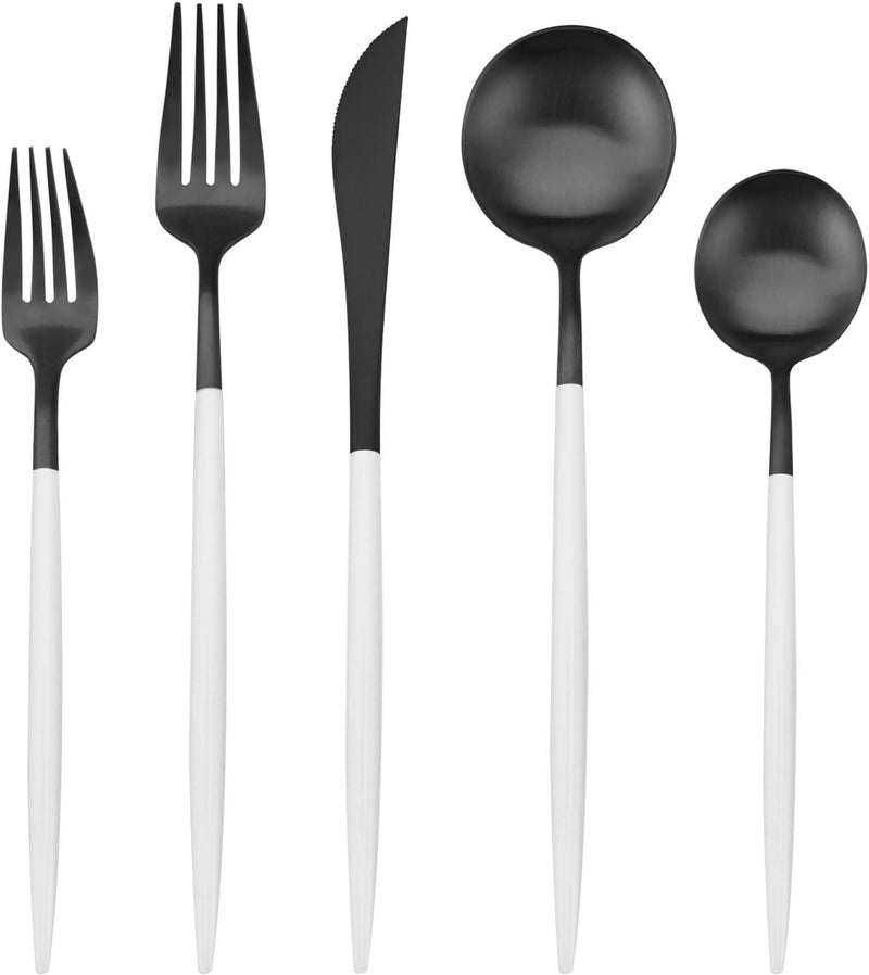 Bysta Matte Black Silverware Set with white handle Bysta 5Piece Stainless Steel Flatware Set Kitchen Utensil Set Service for 1 Tableware Cutlery Set for Home and Restaurant Dishwasher Safe - Image 1