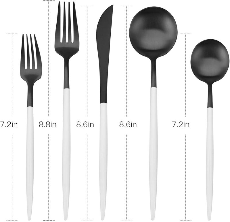 Bysta Matte Black Silverware Set with white handle Bysta 5Piece Stainless Steel Flatware Set Kitchen Utensil Set Service for 1 Tableware Cutlery Set for Home and Restaurant Dishwasher Safe - Image 2