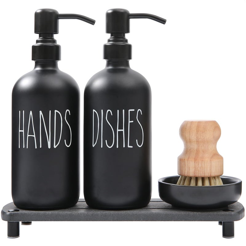 MOMEEMO Matte Black Soap Dispenser Set Comes with Stainless Steel Pumps, Instant Dry Tray, and Dish Scrub Brush, Suitable for Matte Black Kitchen Accessories. (Black) - Image 1