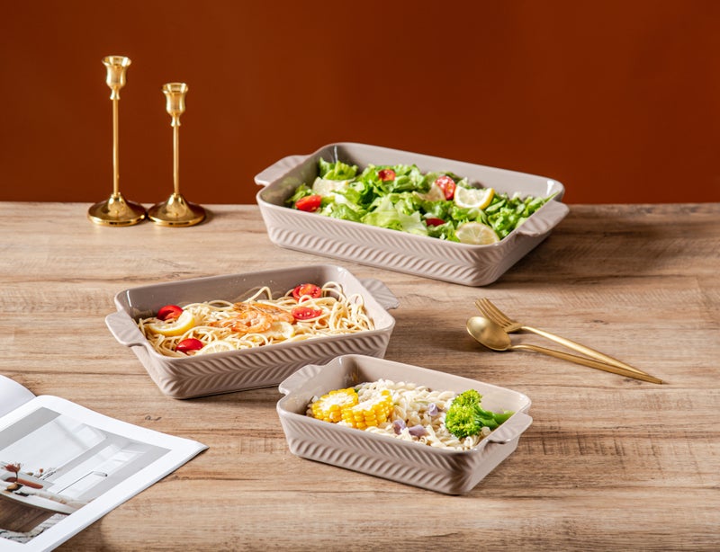 Dove 3-Piece Rectangular Porcelain Baking Dish Set Grey, Sizes 10 + 12 + 14 Inch