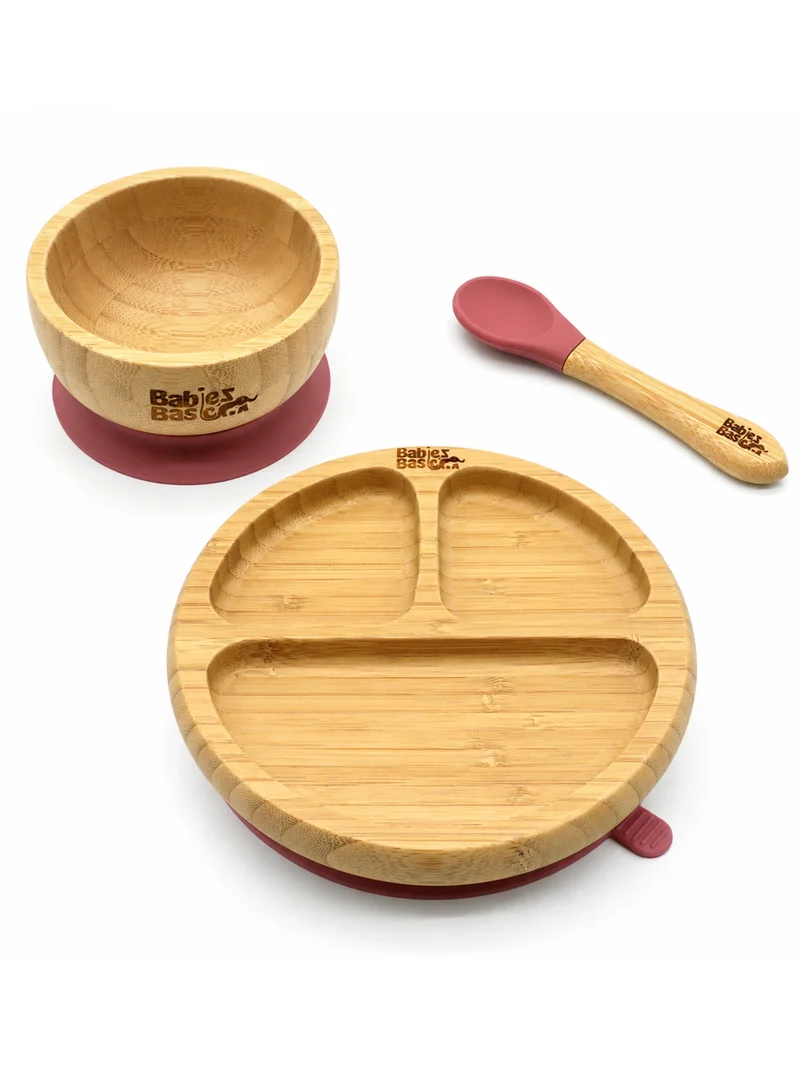 Babies Basic Babies Basic Bamboo plate, Bowl with suction and Silicone Spoon for Kids, Dusty Pink