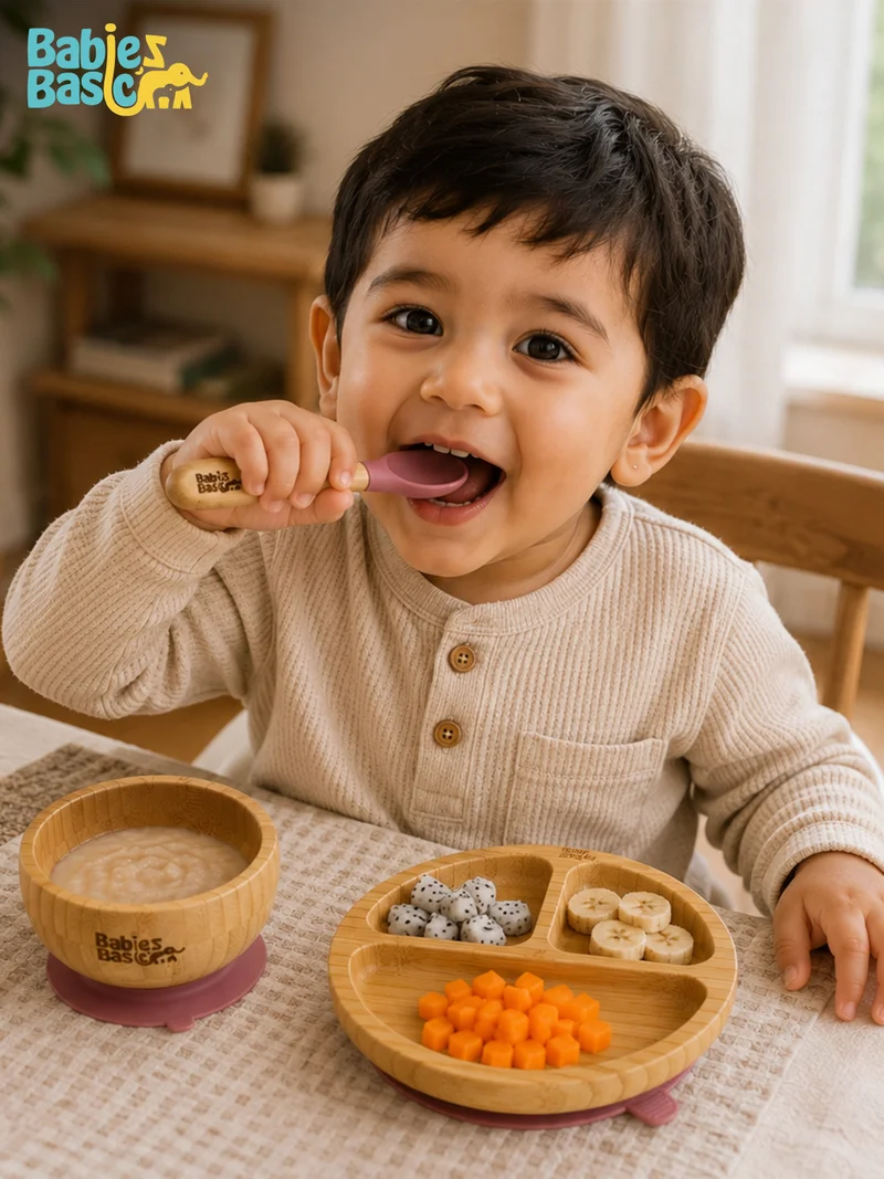 Babies Basic Babies Basic Bamboo plate, Bowl with suction and Silicone Spoon for Kids, Dusty Pink