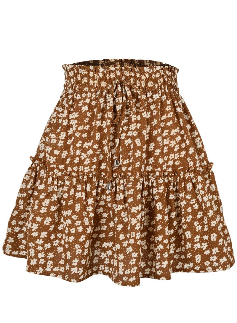 إسكدنيا Women's Summer Cute High Waist Ruffle Skirt Floral Print Swing Beach Mini Skirt Khaki/White 