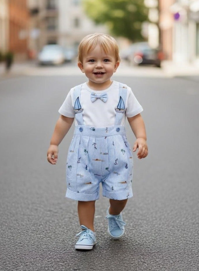 ANDRINA Stylish Summer Boys Set, White Collar Shirt with Striped Shorts with Nautical Detail, Kids Cotton Beach and Holiday Clothes - Image 1