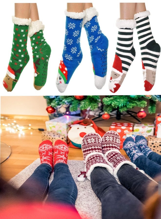 Gilbins Winter-Weight Thermal Thick Knit Fleece-Lined Cozy Sherpa Lined Fuzzy Slipper Socks With Grippers (3 Pack) (Snowman Santa Reindeer, Women Sock Size 9-11) - Image 2