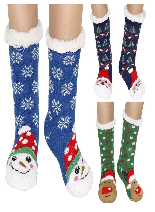 Gilbins Winter-Weight Thermal Thick Knit Fleece-Lined Cozy Sherpa Lined Fuzzy Slipper Socks With Grippers (3 Pack) (Snowman Santa Reindeer, Women Sock Size 9-11) - Image 1