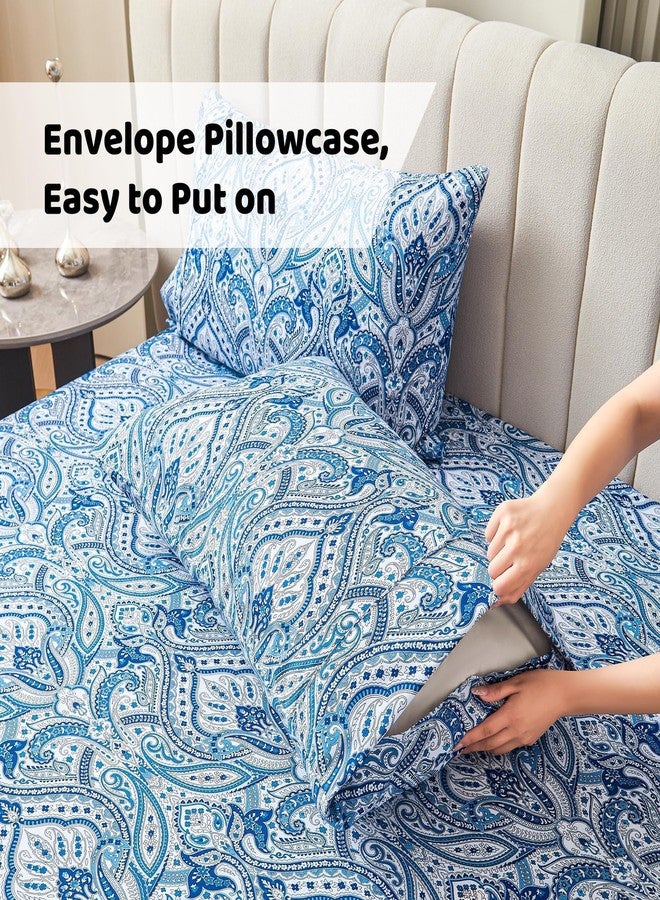 softan Blue Paisley Printed Queen Size Sheet Set, Blue Floral Sheets Queen, Cozy Microfiber Fitted Sheet with 15" Deep Pocket & Non-Slip Straps, Flower Patterned Sheets & Pillowcase Sets - Image 5