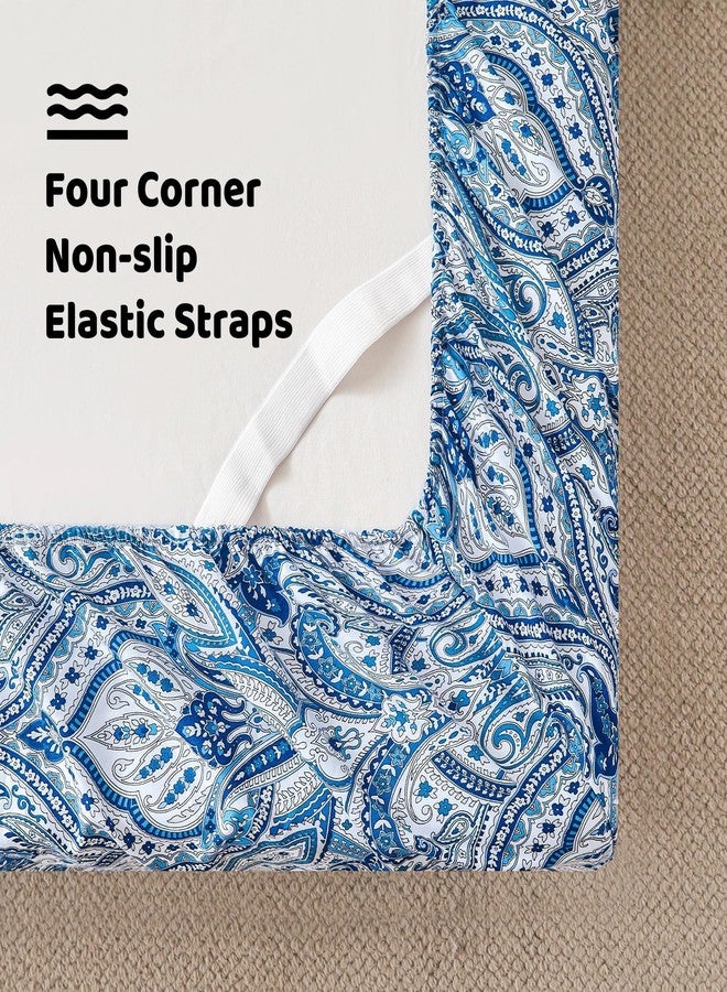 softan Blue Paisley Printed Queen Size Sheet Set, Blue Floral Sheets Queen, Cozy Microfiber Fitted Sheet with 15" Deep Pocket & Non-Slip Straps, Flower Patterned Sheets & Pillowcase Sets - Image 2