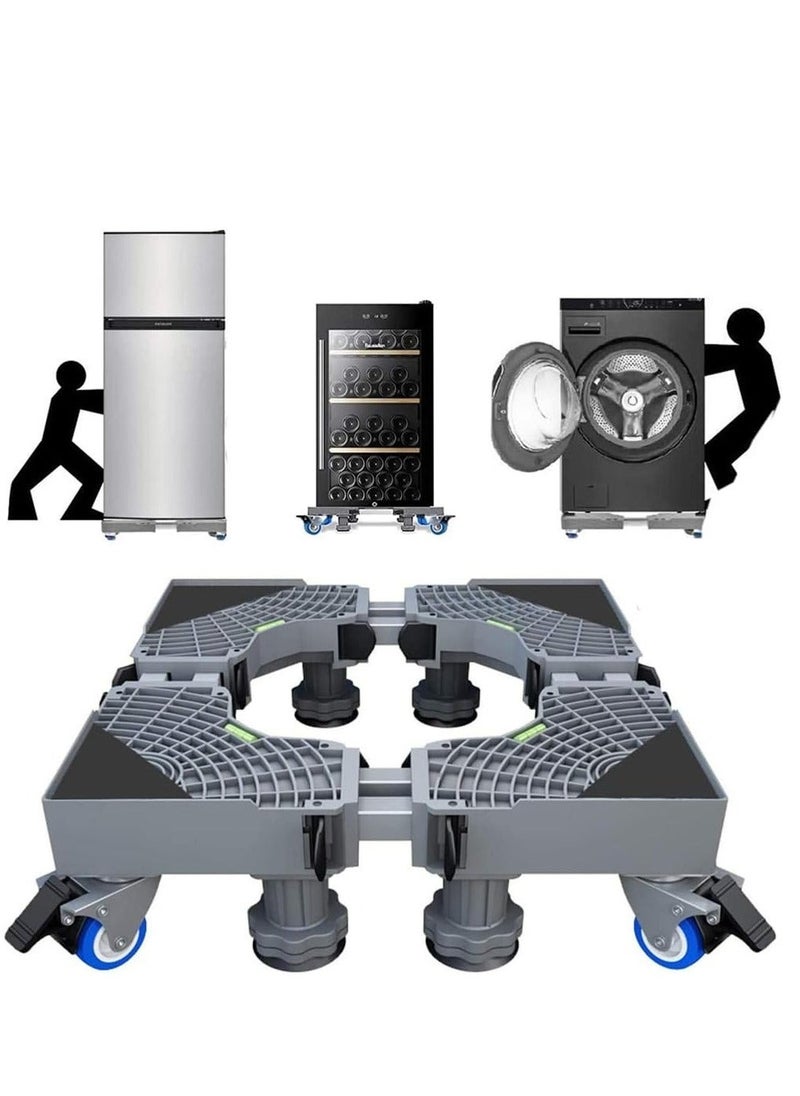 Upgraded Length Adjustable Double Tube Washing Machine Base, Refrigerator Stand with Movable Roller, Grey - 8 Strong Feet & 4 Locking Rubber Swivel, YXJ-25F Grey