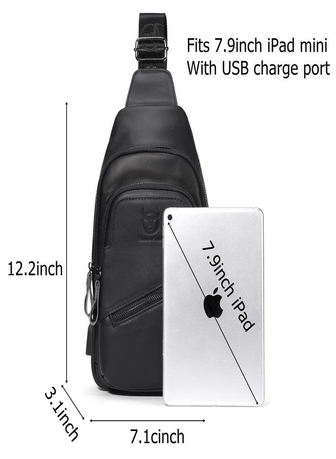 BULLCAPTAIN Leather Sling Chest Bag for Men Outdoor Hiking Travel Crossbody Bag Backpack with USB Charging Port (Black) - Image 2