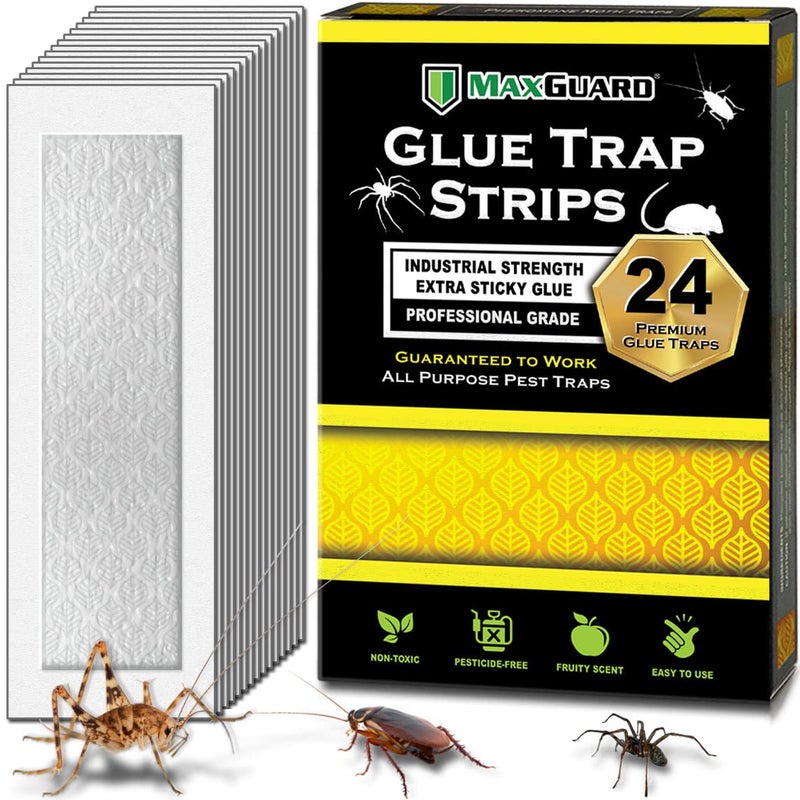 MaxGuard Glue Trap Strips (24 Traps) Non-Toxic Extra Sticky Glue Board Pre-Baited with Fruity Scent Attractant Trap & Kill Insects, Bugs, Spiders, Crickets, Scorpions, Cockroaches, Centipedes, Mice - Image 1