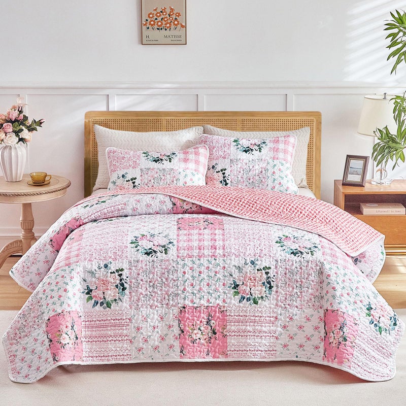 Joyreap 3 Pieces Floral Patchwork Quilt Set Queen, Pink n White Flowers Design, Soft n Cozy Microfiber Quilt, Bedspread Bed Cover for All Season, 1 Quilt and 2 Pillow Shams- 90x90 inches - Image 1
