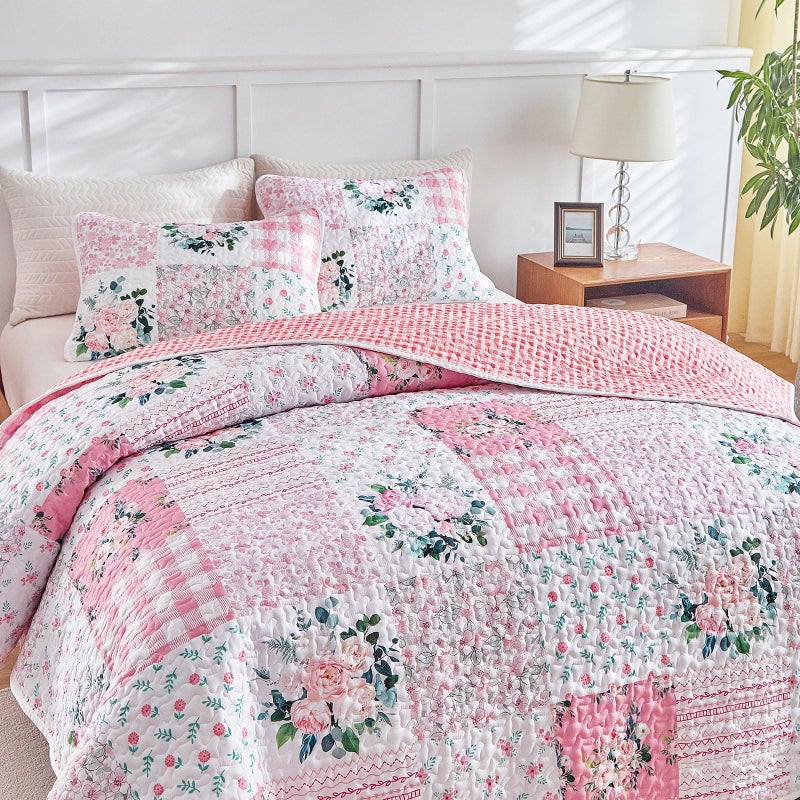 Joyreap 3 Pieces Floral Patchwork Quilt Set Queen, Pink n White Flowers Design, Soft n Cozy Microfiber Quilt, Bedspread Bed Cover for All Season, 1 Quilt and 2 Pillow Shams- 90x90 inches - Image 5
