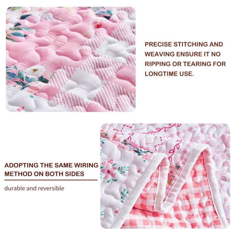 Joyreap 3 Pieces Floral Patchwork Quilt Set Queen, Pink n White Flowers Design, Soft n Cozy Microfiber Quilt, Bedspread Bed Cover for All Season, 1 Quilt and 2 Pillow Shams- 90x90 inches - Image 4