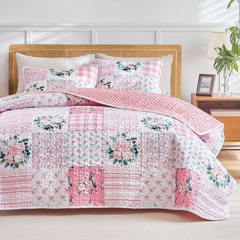 Joyreap 3 Pieces Floral Patchwork Quilt Set Queen, Pink n White Flowers Design, Soft n Cozy Microfiber Quilt, Bedspread Bed Cover for All Season, 1 Quilt and 2 Pillow Shams- 90x90 inches - Image 3