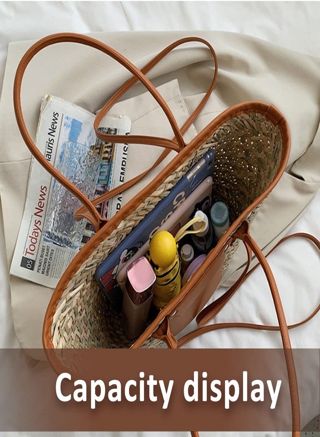 QTKJ Summer Beach Handwoven Straw Basket Bag With Leather Panels - Rattan Crossbody Shoulder Bag for Women - Image 4
