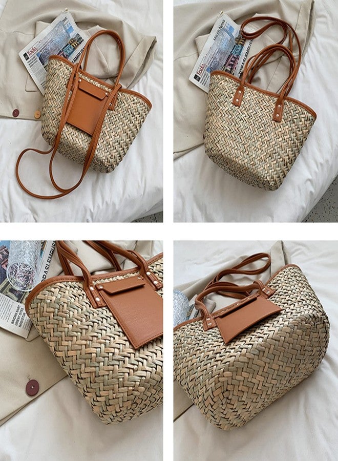 QTKJ Summer Beach Handwoven Straw Basket Bag With Leather Panels - Rattan Crossbody Shoulder Bag for Women - Image 5