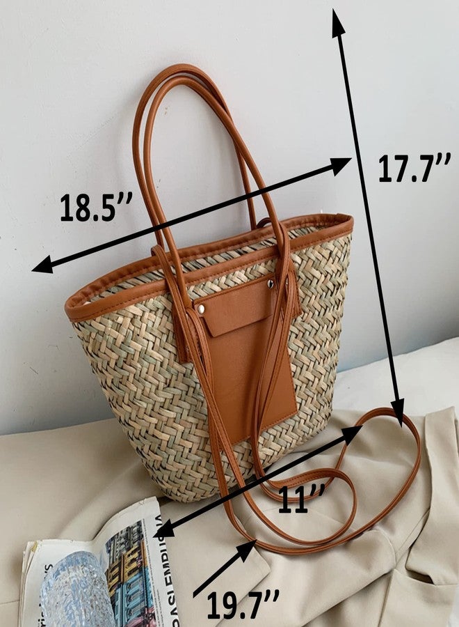 QTKJ Summer Beach Handwoven Straw Basket Bag With Leather Panels - Rattan Crossbody Shoulder Bag for Women - Image 2