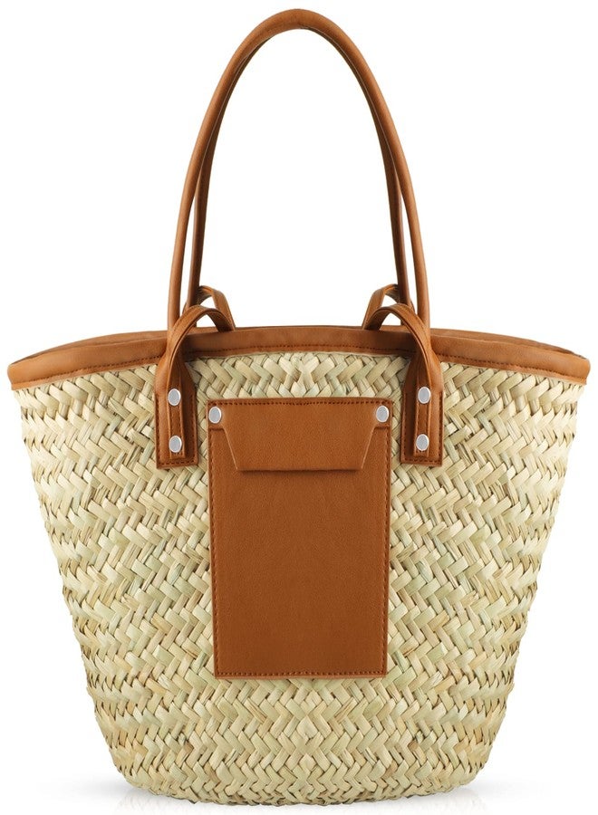 QTKJ Summer Beach Handwoven Straw Basket Bag With Leather Panels - Rattan Crossbody Shoulder Bag for Women - Image 1