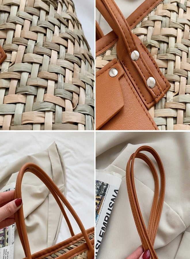 QTKJ Summer Beach Handwoven Straw Basket Bag With Leather Panels - Rattan Crossbody Shoulder Bag for Women - Image 3