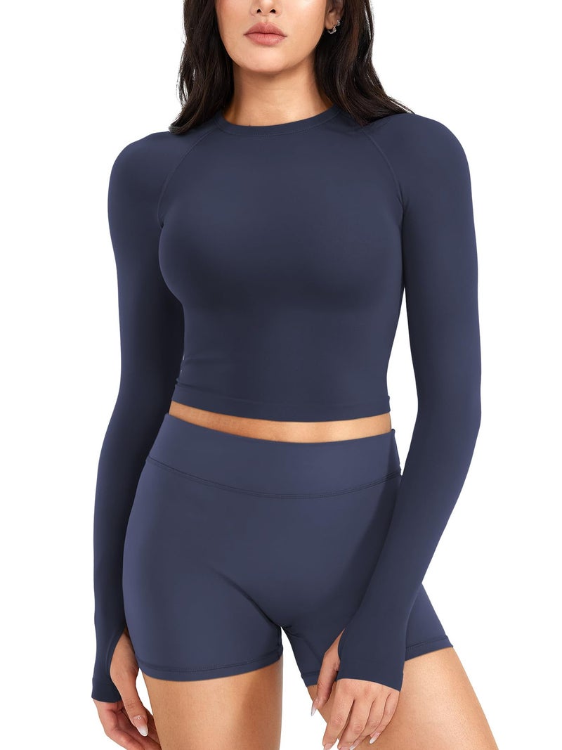 YEOREO Women Workout Gym Tops Basic Long Sleeve Shirt Slim Fitted Casual Stretchy Thin Active Running Yoga Crop Top Navy L - Image 1