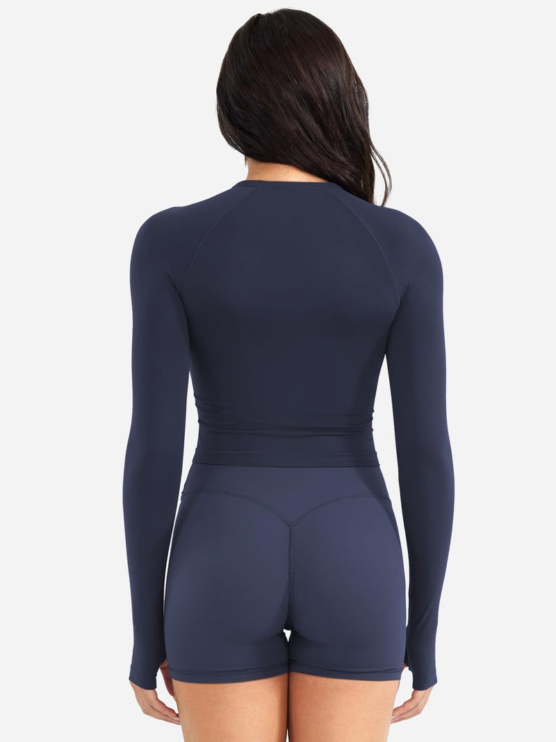 YEOREO Women Workout Gym Tops Basic Long Sleeve Shirt Slim Fitted Casual Stretchy Thin Active Running Yoga Crop Top Navy L - Image 5