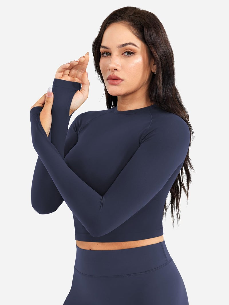YEOREO Women Workout Gym Tops Basic Long Sleeve Shirt Slim Fitted Casual Stretchy Thin Active Running Yoga Crop Top Navy L - Image 4