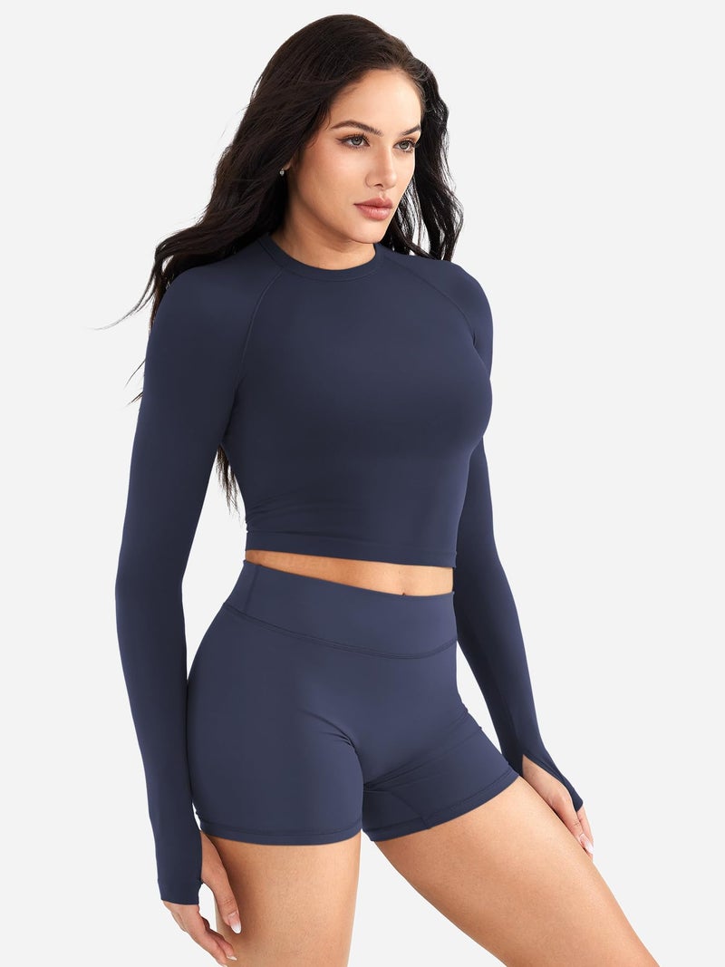 YEOREO Women Workout Gym Tops Basic Long Sleeve Shirt Slim Fitted Casual Stretchy Thin Active Running Yoga Crop Top Navy L - Image 3