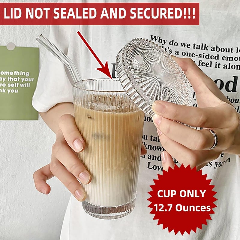 YAHUIPEIUS Glass Cup with Lids and Straws Glass Stripe Coffee Cup LID NOT SCREW AND SECURED 12.5oz Coffee Glasses Cup(C-Ruonded) - Image 2