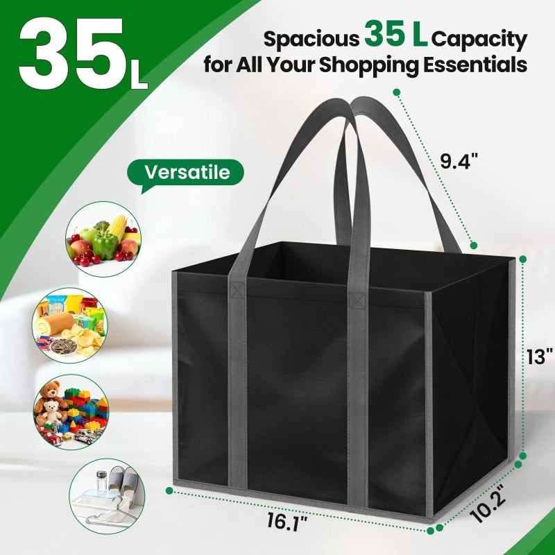 SpaceWhisper Reusable Grocery Bags with Long Handles [3 Pack] - Multipurpose Shopping Bags for Groceries, Foldable Grocery Totes Resist Water & Stains for Kitchen, Car Trunk, Picnic (Black) - Image 3