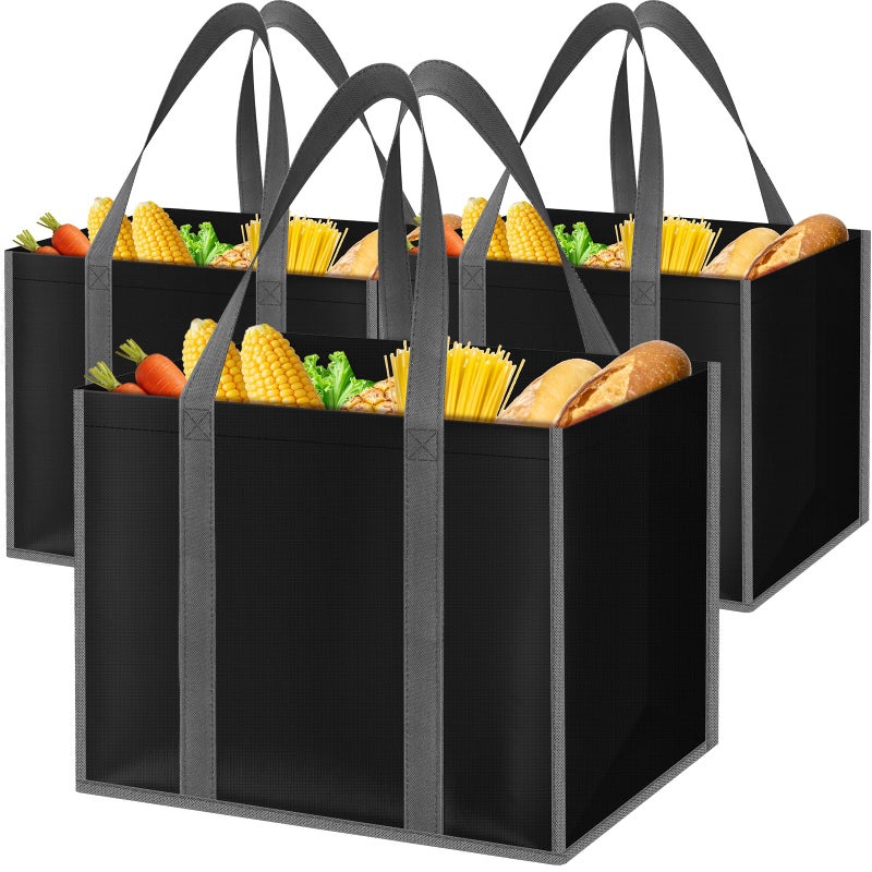 SpaceWhisper Reusable Grocery Bags with Long Handles [3 Pack] - Multipurpose Shopping Bags for Groceries, Foldable Grocery Totes Resist Water & Stains for Kitchen, Car Trunk, Picnic (Black) - Image 1
