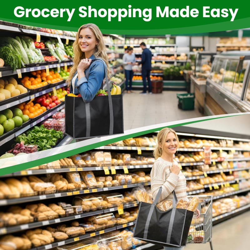 SpaceWhisper Reusable Grocery Bags with Long Handles [3 Pack] - Multipurpose Shopping Bags for Groceries, Foldable Grocery Totes Resist Water & Stains for Kitchen, Car Trunk, Picnic (Black) - Image 2