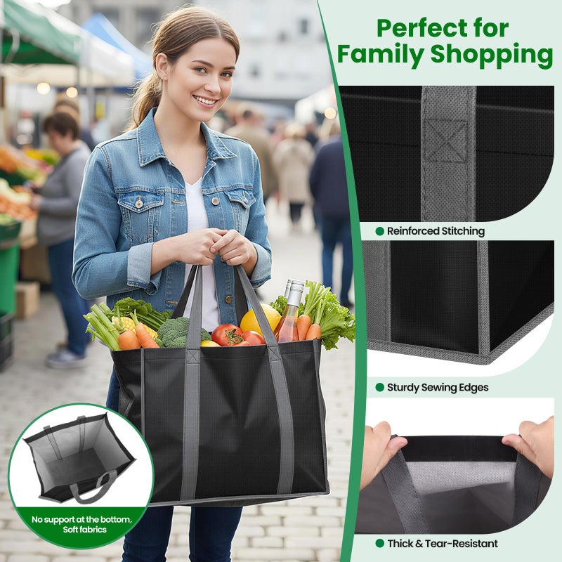 SpaceWhisper Reusable Grocery Bags with Long Handles [3 Pack] - Multipurpose Shopping Bags for Groceries, Foldable Grocery Totes Resist Water & Stains for Kitchen, Car Trunk, Picnic (Black) - Image 4