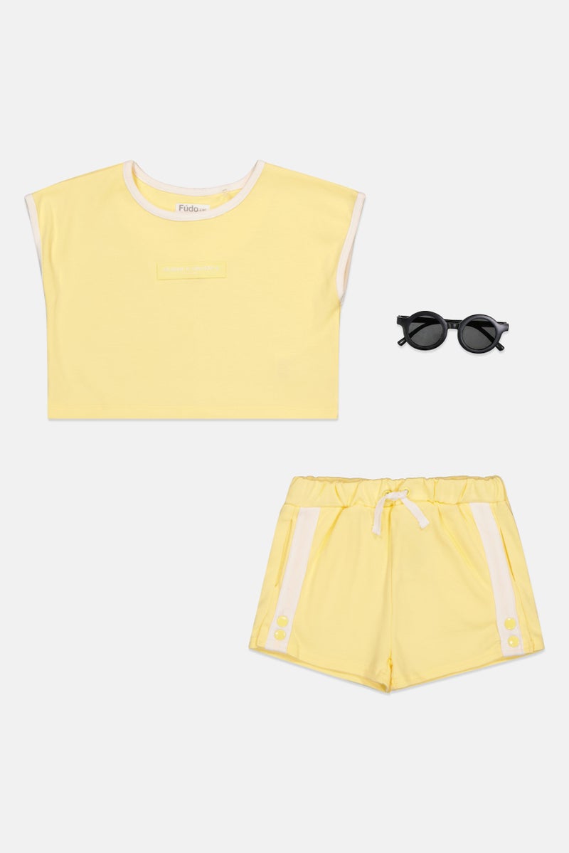 Fudo Toddlers Girl 3 Pcs Embroidered Top And Shorts With Sunglasses Set, Yellow - Image 2