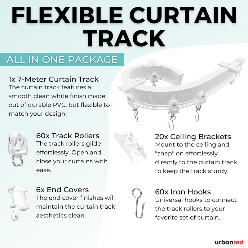 UrbanRed Flexible Bendable Ceiling Curtain Track, 22.9FT (7m), Ceiling Mount for Curtain Rail with Track Curtain System, Room Divider, Ceiling Curtain Rod, RV Ceiling Track for Curtains, White - Image 2