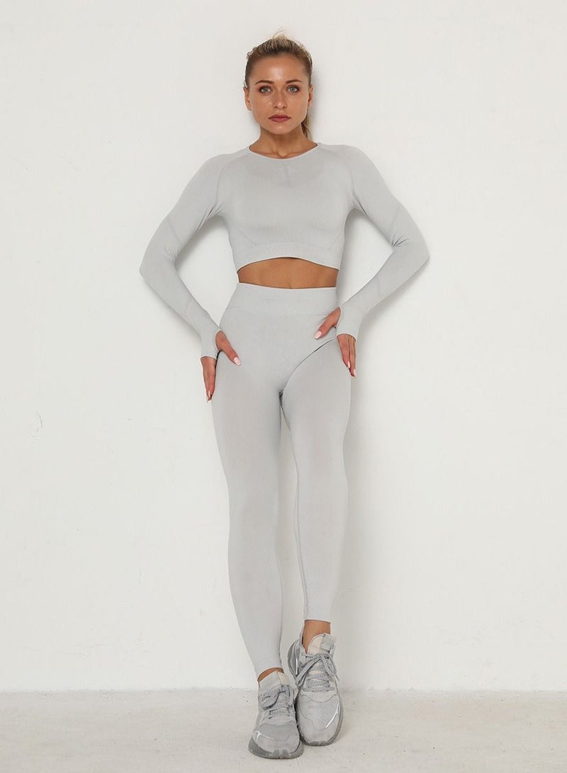 Loquat High Waist Tight-Fitting Sports Set Light Grey  - Image 1