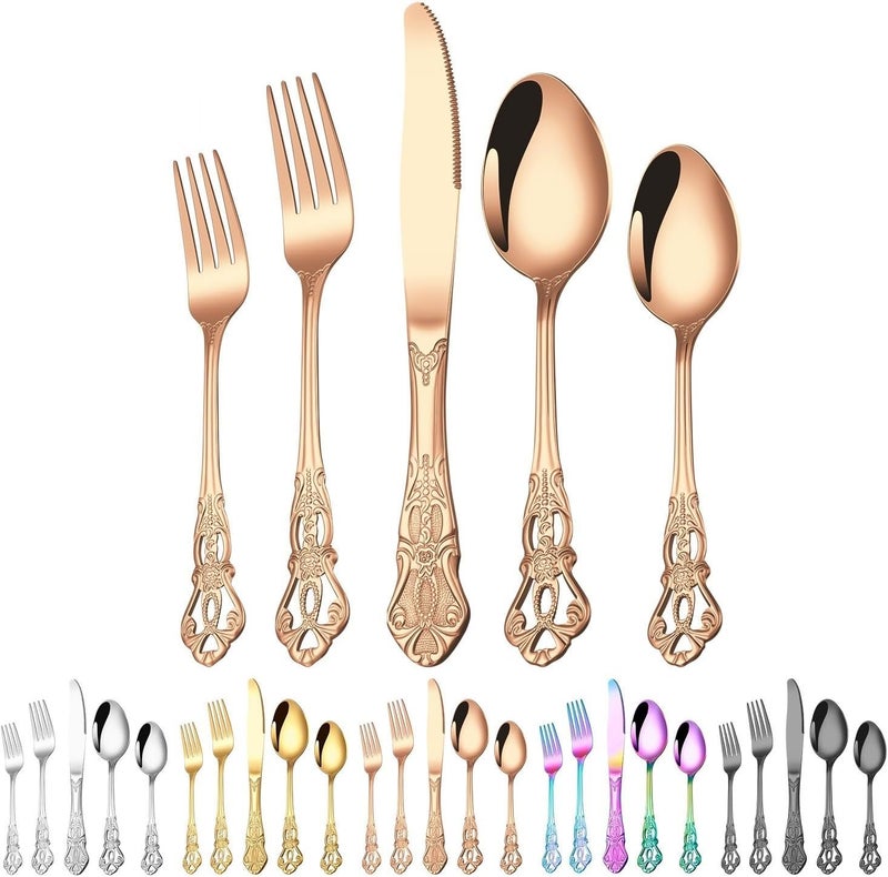 Silverware Flatware Set, 5/20/30/40/50/60 Pieces Stainless Steel Royal Tableware Knife, Fork and Spoon Hotel Home Retro Relief Tableware Steak Knife, Fork and S,Rainbow-40 Pieces for 8 - Image 2