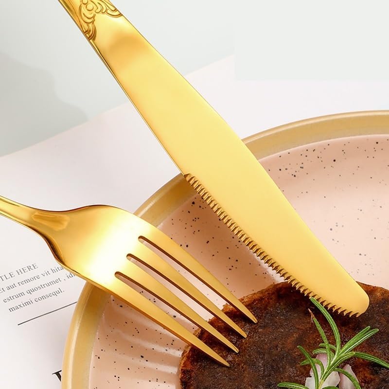 Silverware Flatware Set, 5/20/30/40/50/60 Pieces Stainless Steel Royal Tableware Knife, Fork and Spoon Hotel Home Retro Relief Tableware Steak Knife, Fork and S,Rainbow-40 Pieces for 8 - Image 5