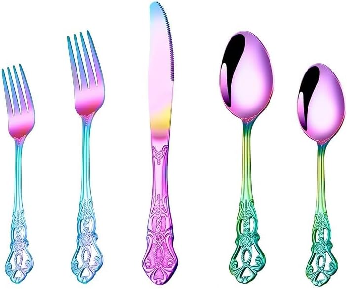 Silverware Flatware Set, 5/20/30/40/50/60 Pieces Stainless Steel Royal Tableware Knife, Fork and Spoon Hotel Home Retro Relief Tableware Steak Knife, Fork and S,Rainbow-40 Pieces for 8 - Image 1