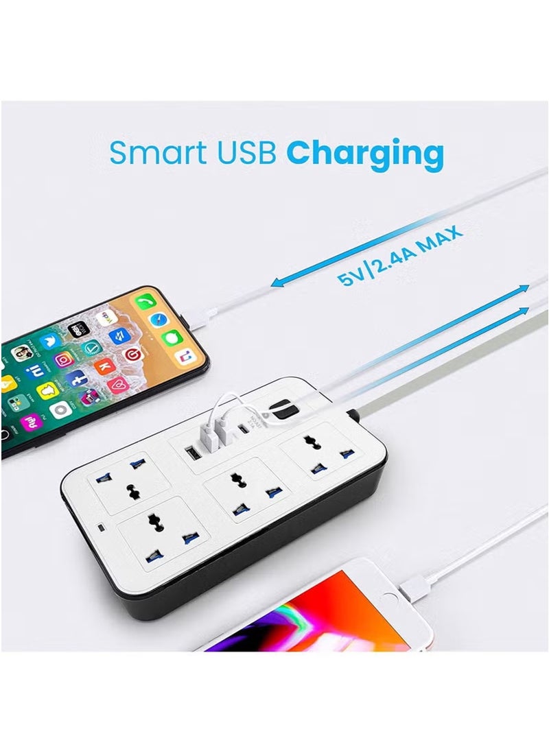 Rock Pow 3 meters Universal Extension Cord with 4 Power Socket and 3 USB Slots 3 meter 4 Way Power Strip with USB type C PD Charging Slot Extension Lead 3 meter 3M - Image 2