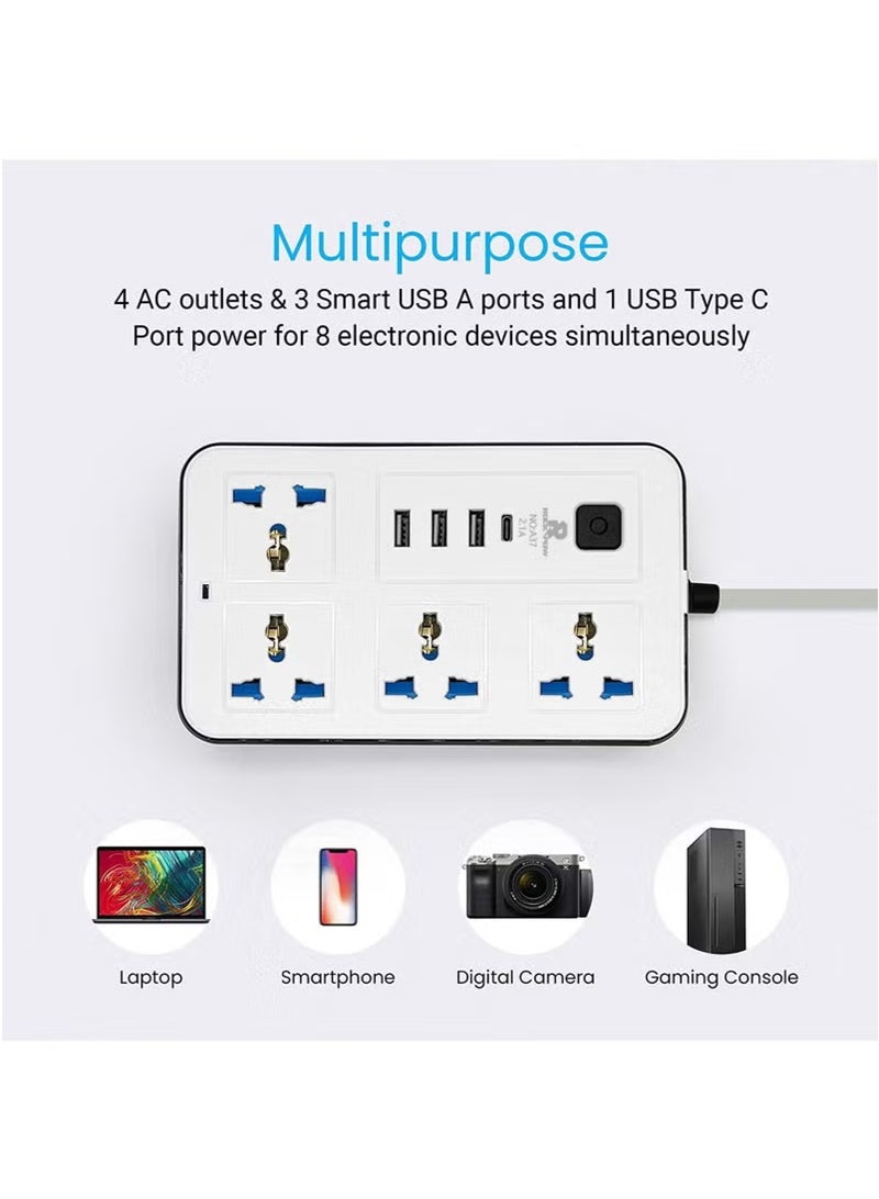 Rock Pow 3 meters Universal Extension Cord with 4 Power Socket and 3 USB Slots 3 meter 4 Way Power Strip with USB type C PD Charging Slot Extension Lead 3 meter 3M - Image 4