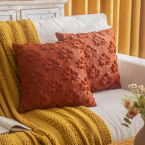 COSIBONO Maple Leaf Fall Throw Pillow Covers 18"x18" Set of 2, Caramel Farmhouse Decorative Pillow Covers for Autumn Harvest Holiday Accent Pillow Cases, Faux Fur Pillow Covers for Couch Bed Room - Image 1