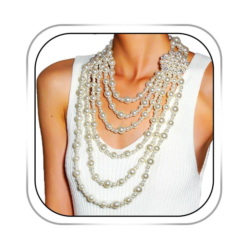 Gangel Pearl Necklace Earring Set Faux Layered Pearls Necklaces Bridal Wedding Jewelry Multi Strand Pearl Necklace for Women - Image 1